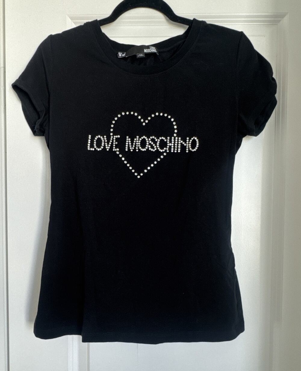 Love Moschino Black Studded Heart Logo Short Sleeve T-Shirt Tee Size US 10